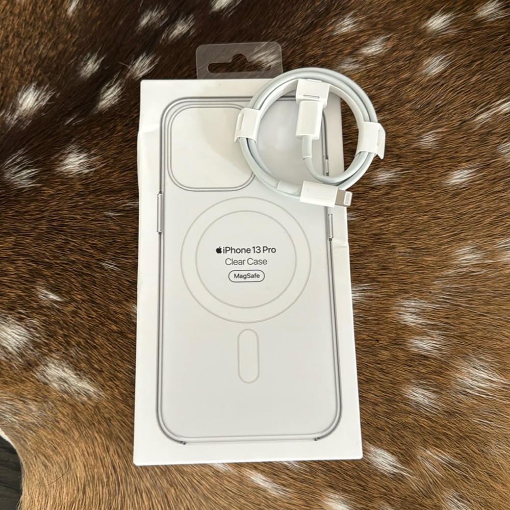 iPhone 13 Pro clear case and charger